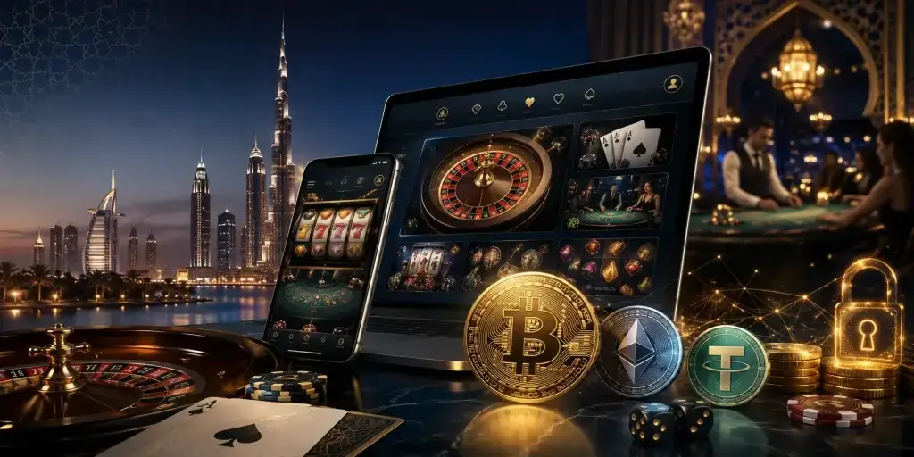 Bitcoin and online casino displays overlooking the Dubai skyline at night