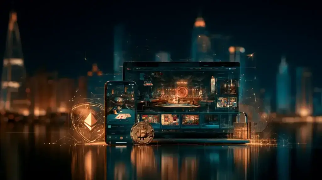 Crypto casino games displayed on mobile devices against a Gulf city skyline