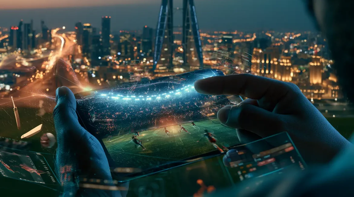 Cinematic editorial hero image for an article about online sports betting in Bahrain and the Arabian Gulf, a modern Bahraini sports fan viewing live matches and real-time betting odds on a sleek smartphone