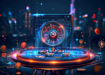 Futuristic Gulf skyline with online casino, crypto gaming and sports betting elements displayed across digital devices.