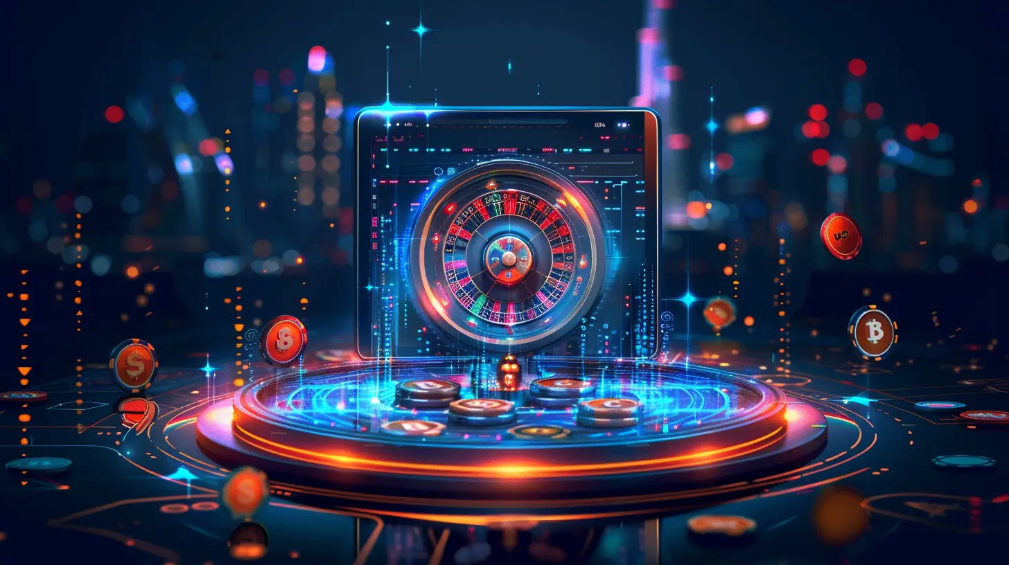 Futuristic Gulf skyline with online casino, crypto gaming and sports betting elements displayed across digital devices.