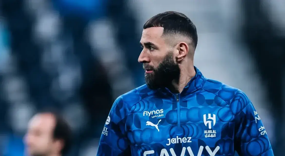 Karim Benzema wearing Al Hilal’s blue shirt in 2026